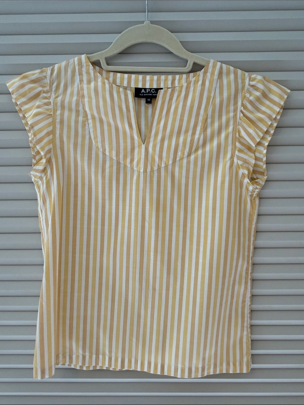 A.P.C. Yellow and White Striped Cap Sleeve Blouse